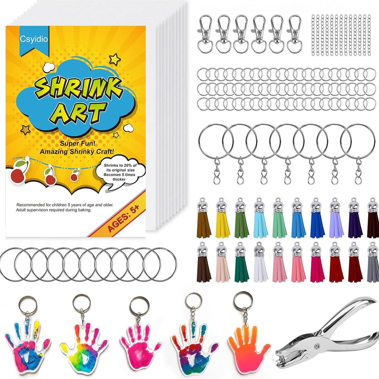 251 PCS Shrink Dink Keychain Kit Includes 20 Sheets Shrink Plastic Sheets, Hole Punch, Tassels, Lobster Clasps, Keychain Clip, Jump Rings, Key Ring, Great for DIY Mother's Day Crafts